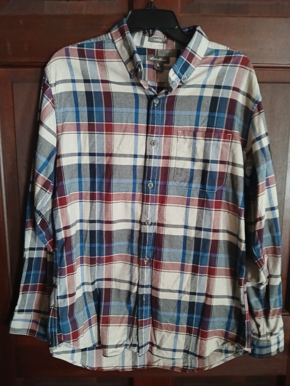 Eddie Bauer Cream, Blue and Burgundy Plaid Flannel Button-Down Shirt Size M